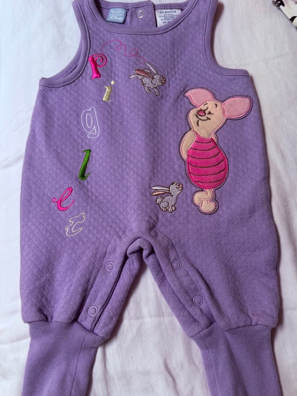 Vintage Y2K Disney Applique Embroidered Piglet Lavender One-Piece Romper
